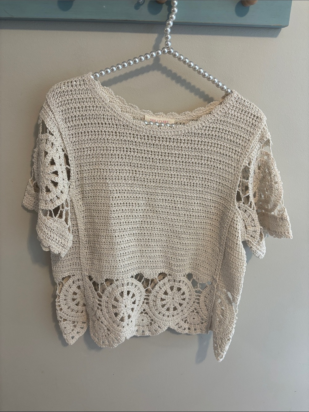 Solitaire Crochet Knit Top Medium M Cream Open Knit Scalloped Boho Cottagecore